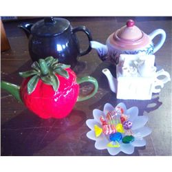 4 Teapots & Glass Candy Dish w/ Glass Candy .