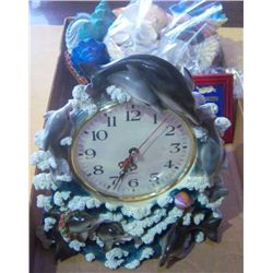 Dolphin Clock, Framed Knot Guide & Basket of Seashells some real some man made