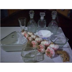 3 Whiskey Decanters, Triangle Baking Dish, Glass Hanging Garlic, and Misc Glassware