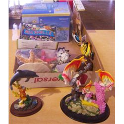 Dolphin Figurine, Fish w/ Pink Coral Figurine, Decorative Table Lamp Lighthouse, Seashells, some rea