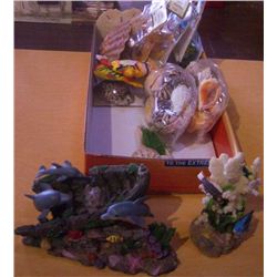 Dolphins w/ Boat Figurine, Fish & Coral Figurine & Seashells some real, some man made