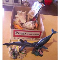 Whale and Shark Figurines w/ Seashells; Some real Some man made