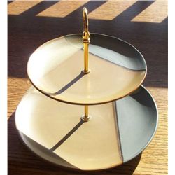 Two Tier Ceramic Dessert Tray w/ Ringed Handle, Gold-Dust Green By Sango. No Chips or Cracks.