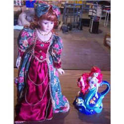 Disney Princess Ceramic Teapot (Little Mermaid) & Doll w/ Stand