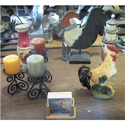 Box w/ 3 candles, wood lighthouse, lighthouse coasters, wood chicken, ceramic chicken & vase
