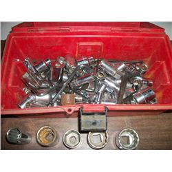 Red Plastic Toolbox Full of Misc Wrenches, Sockets Allen Wrenches......