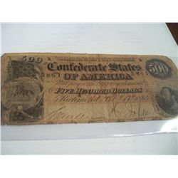 1864 $500 CSA CONFEDERATE NOTE (Torn middle horizontally)