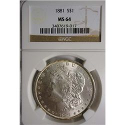 1881 MORGAN SILVER DOLLAR NGC MS-64