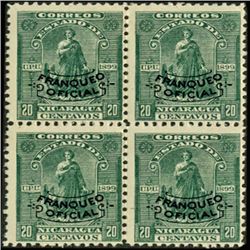 1899 Nicaragua 20c Official Block of 4 Error (STM-0404)