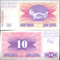 1992 Bosnia 10 Dinara Crisp Uncirculated Note (COI-3971)