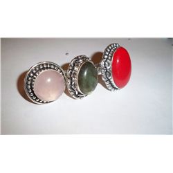 3 CUSTOM MADE STERLING SILVER GEMSTONE LADIES RINGS, 40 GRAMS