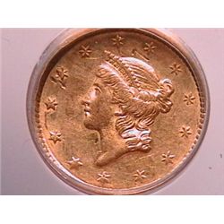 1851 $1 Gold Liberty AU53 Clnd ANACS