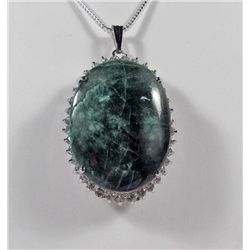 STERLING SILVER, EMERALD AND COLORLESS SAPPHIRE PENDANT W/ CHAIN