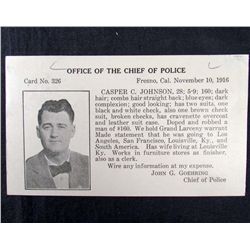 1916 WANTED POSTCARD W/ PHOTO - ROBBERY - FRESNO, CAL.