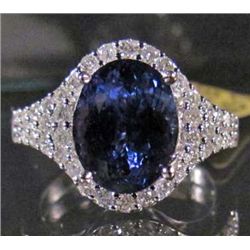 14K WHITE GOLD LADIES TANZANITE AND DIAMOND RING - SIZE 7