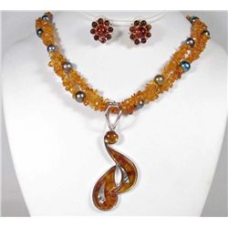 AMBER ESTATE JEWELRY - NECKLACE AND EARRINGS W/ STERLING SILVER CLASPS - 1.8 OZ