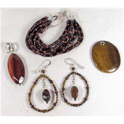 LOT OF TIGER EYE ESTATE JEWELRY  W/ STERLING SILVER CLASPS - 2.67 OZ