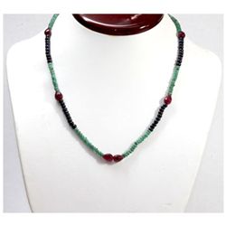 Natural 86.09 ctw Emerald, Sapphire & Ruby Bead Necklace