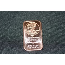 2011 copper ingot .999 fine 1 oz.