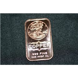 2011 copper ingot .999 fine 1 oz.