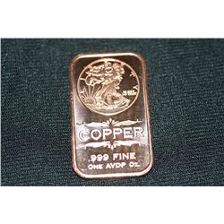 2011 copper ingot .999 fine 1 oz.