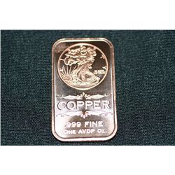 2011 copper ingot .999 fine 1 oz.