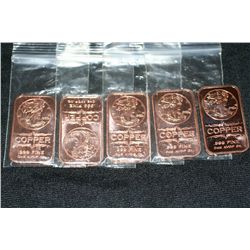 2011 copper ingot .999 fine 1 oz. lot of 5