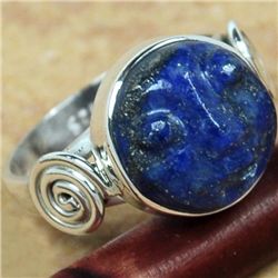 HANDCARVED LAPIS FACE SET IN STERLING SILVER RING SIZE