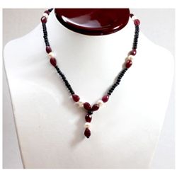 Natural 116.24 ctw Dark Sapphire, Ruby & Pearl Bead Necklace