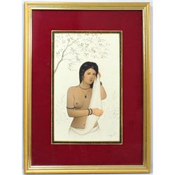 Indian Village Nude Oil Painting Made in Early 80's shapely figure, easy smile and trademark hairsty