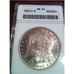 1890-O  MORGAN SILVER DOLLAR, ANACS GRADED MS-62