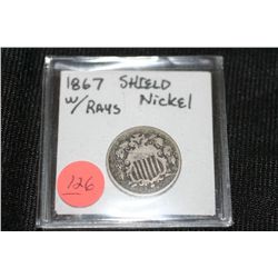 1867 shield nickel w/rays