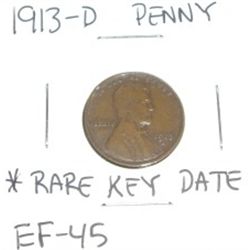 1913-D Lincoln Penny *RARE KEY DATE EXTRA FINE-45 HIGH GRADE*!!!