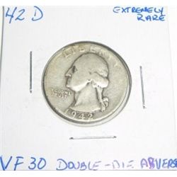 1942-D Silver Quarter *EXTREMELY RARE DOUBLE-DIE OBVERSE KEY VERY FINE-30 GRADE*!!!