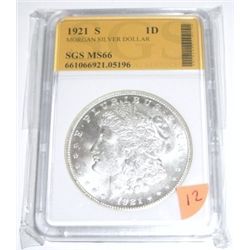 1921-S Morgan Silver Dollar *RARE CERTIFIED MS-66 by SGS*!! Serial # 661066921.05196.
