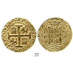 Lima, Peru, cob 8 escudos, 1712M, from the 1715 Fleet. S-L28; KM-38.2; CT-23. 26.9 grams. Choice bol