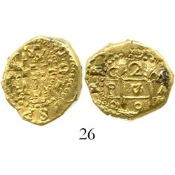 Cuzco, Peru, cob 2 escudos, 1698M, from the 1715 Fleet. S-CZ1; KM-28; CT-122. 6.7 grams. Small, oval