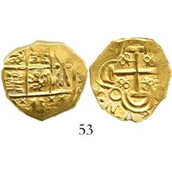 Bogota, Colombia, cob 2 escudos, posthumous Charles II, from the 1715 Fleet. S-B24; KM-14.2. 6.6 gra