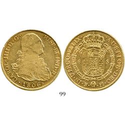 Potosi, Bolivia, bust 8 escudos, Charles IV, 1806PJ. CT-113; KM-81. 26.9 grams. Lustrous XF/AU, a fe