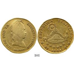 Potosi, Bolivia, 8 scudos 1841LR, scarce first date of type. KM-108.2. 27.0 grams. AXF+ with light (