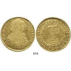 Santiago, Chile, bust 8 escudos, Charles IV transitional (bust of Charles III, ordinal IV), 1790DA.