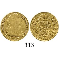 Popayan, Colombia, bust 1 escudo, Charles III, 1787SF. CT-686; KM-48.2a; Restrepo-54.32. 3.0 grams.