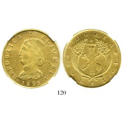 Bogota, Colombia, 8 escudos, 1825JF, encapsulated NGC AU 55. Sedwick-6; Restrepo-165; KM-82.1.  Lust
