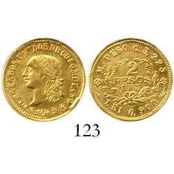 Medellin, Colombia, 2 pesos, 1863-M. Sedwick-33; Restrepo-325; KM-147. 3.1 grams. Fully Mint State,
