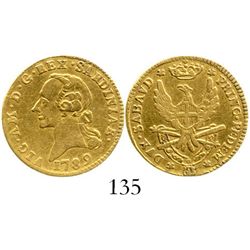 Sardinia, Italy, 1/2 doppia, Vittorio Amedeo III, 1789. KM-85. 4.4 grams. Problem-free AXF.