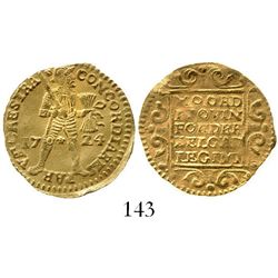 Utrecht, United Netherlands, ducat, 1724, from the Akerendam (1725). KM-7.4. 3.4 grams. Matte AU wit