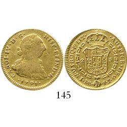Lima, Peru, bust 2 escudos, Charles IV transitional (bust of Charles III, ordinal IV), 1791IJ. CT-30