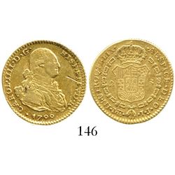 Lima, Peru, bust 2 escudos, Charles IV, 1799IJ. CT-314; KM-100. 6.7 grams. XF with natural flaw abov