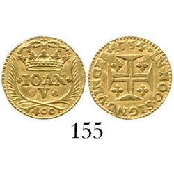 Lisbon, Portugal, 400 reis, John V, 1734/3. KM-201 (unlisted overdate). 0.9 gram. Nice XF with very