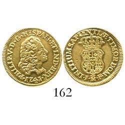Madrid, Spain, bust 1 escudo, Philip V, 1741JF. CT-492; KM-342. 3.4 grams. Choice XF with lightly ru